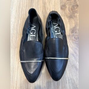 AGL Attilio Giusti Leombruni Black Leather  Loafers with Silver Bar Size 38
